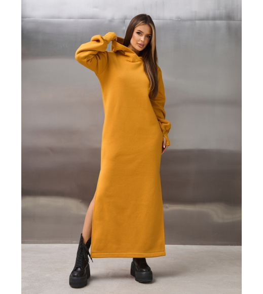 Горчичное теплое макси платье с разрезами