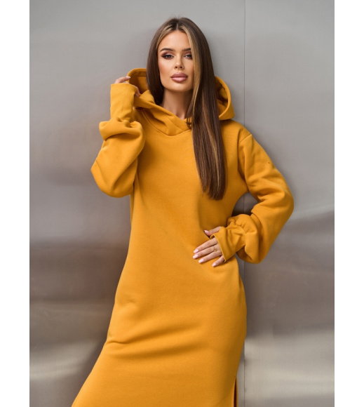 Горчичное теплое макси платье с разрезами