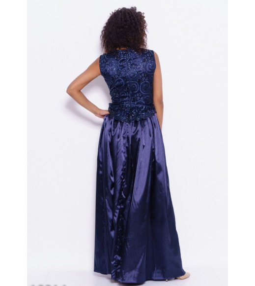 Темно-синее платье в пол с декором из блесток и баской