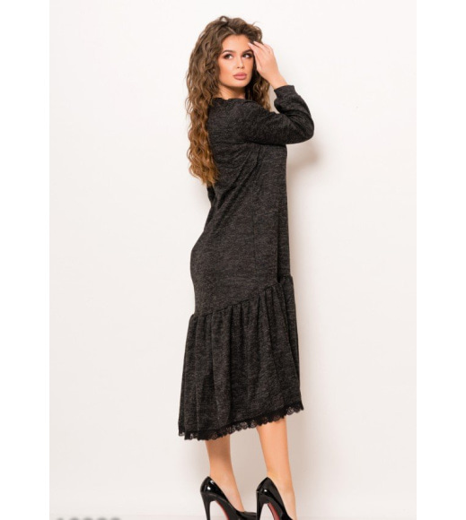 Черное меланжевое ангоровое длинное платье с широким воланом