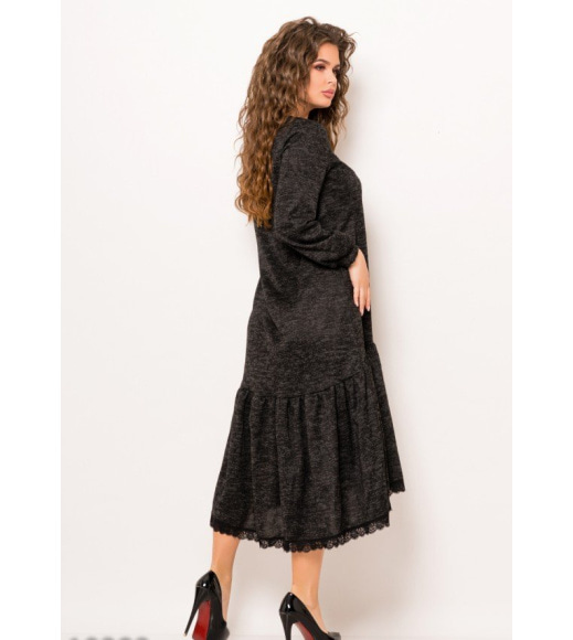 Черное меланжевое ангоровое длинное платье с широким воланом