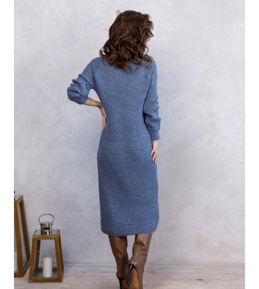 Синее шерстяное вязаное платье миди длины