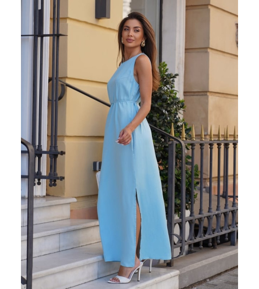 Голубой длинный сарафан с двумя разрезами