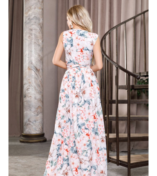 Цветочное длинное платье-халат без рукавов