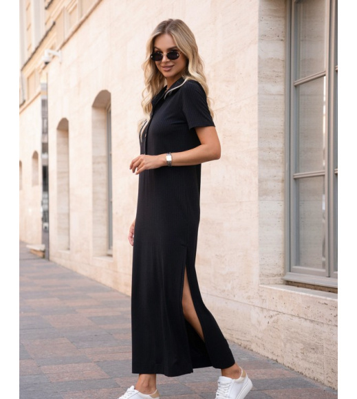 Чорна фактурна сукня-поло з боковим розрізом
