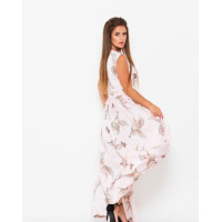 Розовое с птичьим принтом длинное платье на запах