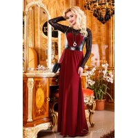 Длинное вечернее платье цвета марсала с кожаными вставками и кружевными рукавами Seventeen 515.1125