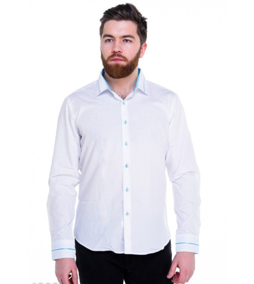 Белая мужская классическая рубашка с тонкой голубой отделкой