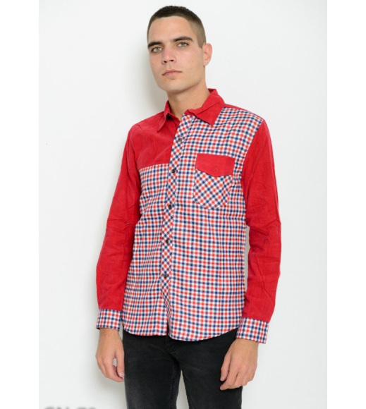 Бордовая комбинированная клетчатая рубашка с вельветовыми вставками