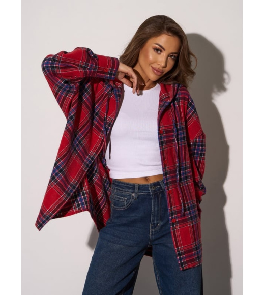 Шерстяная клетчатая рубашка красно-синего цвета с капюшоном