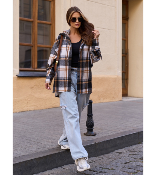 Шерстяная оверсайз рубашка с капюшоном