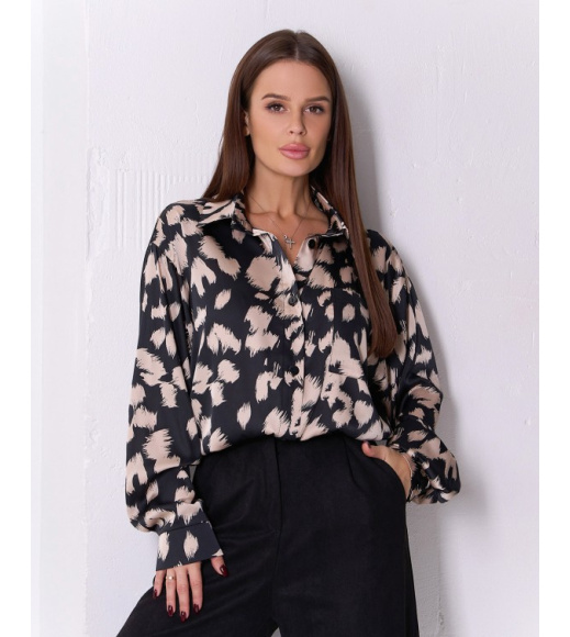 Черно-бежевая шелковая рубашка с карманом