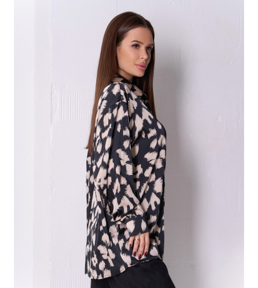 Черно-бежевая шелковая рубашка с карманом