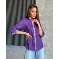 Фіолетова лляна сорочка з вишивкою на манжетах