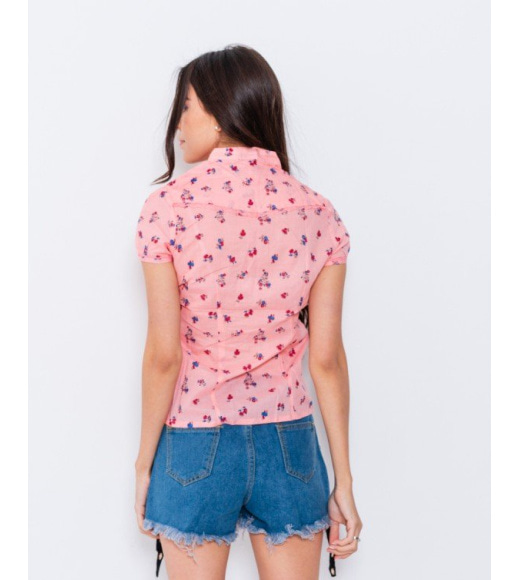 Персиковая принтованная коттоновая рубашка с кружевом