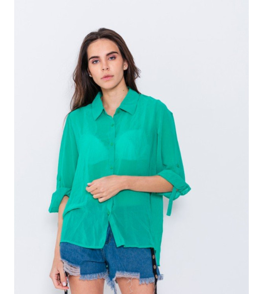 Зелена шифонова сорочка з хлястиками на рукавах