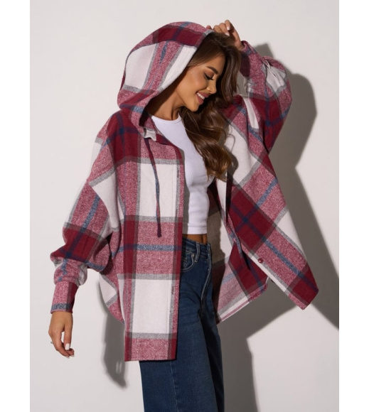 Бордовая клетчатая рубашка из шерсти с капюшоном