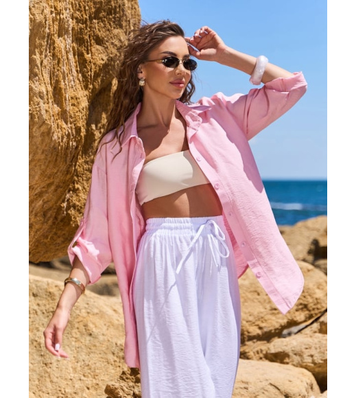 Розовая льняная рубашка с асимметричным низом