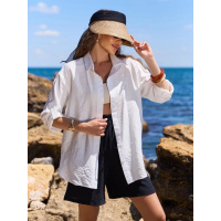 Молочная льняная рубашка с асимметричным низом