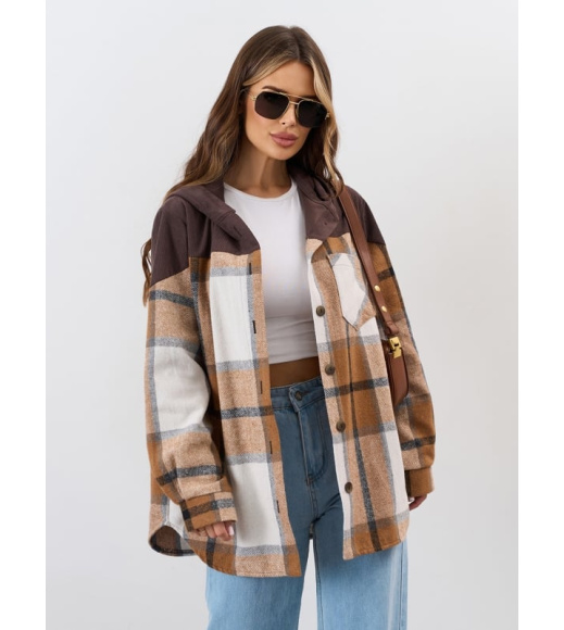 Коричневая утепленная рубашка с вельветовой вставкой