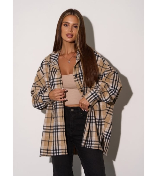 Шерстяная клетчатая рубашка бежевого цвета с капюшоном