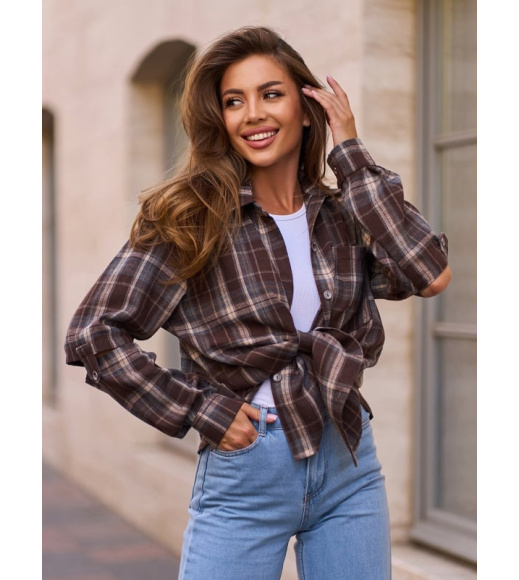 Коричнево-серая фланелевая рубашка с вырезами на рукавах