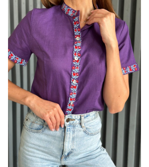 Фиолетовая рубашка из льна с вышивкой