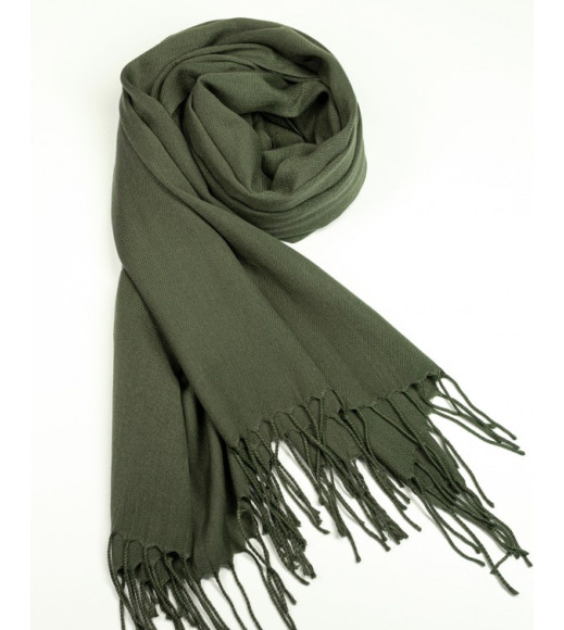 Однотонний шарф-палантин кольору хакі з бахромою