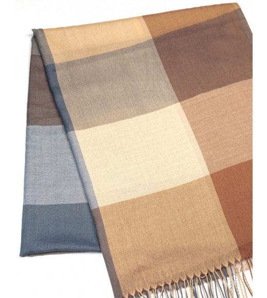 Коричневий картатий шарф-палантин з бахромою