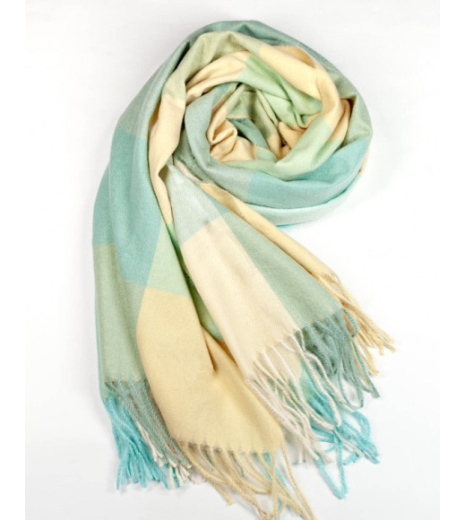 Голубой с бежевым клетчатый шарф-палантин из кашемира
