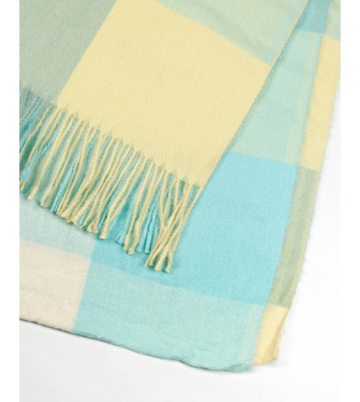 Голубой с бежевым клетчатый шарф-палантин из кашемира