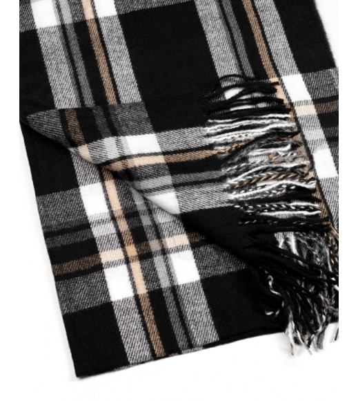 Чорний картатий шарф-палантин із кашеміру