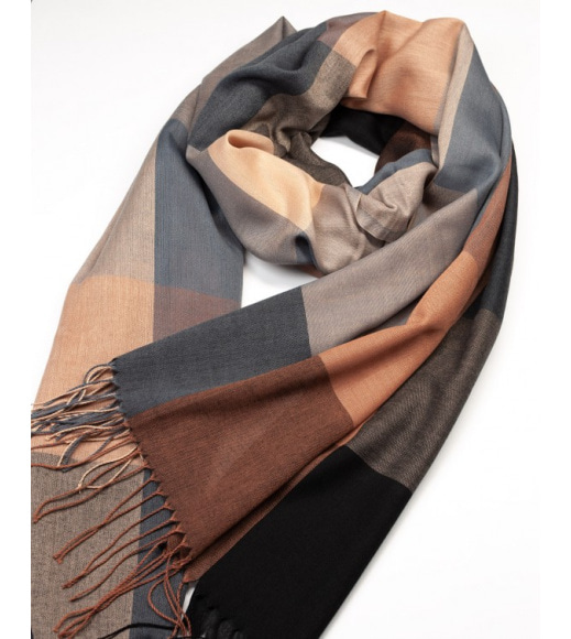 Чорно-коричневий тонкий шарф-палантин у велику клітку