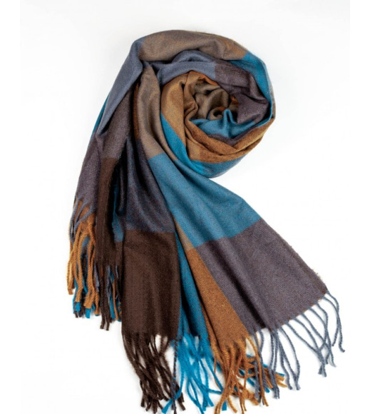Сине-коричневый клетчатый шарф-палантин из кашемира