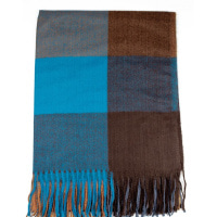 Синьо-коричневий картатий шарф-палантин із кашеміру
