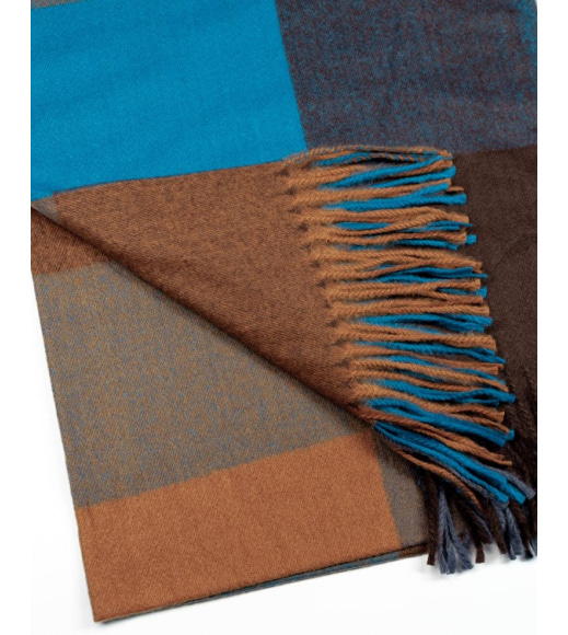 Синьо-коричневий картатий шарф-палантин із кашеміру