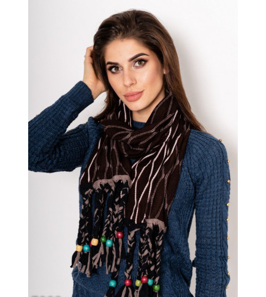 Коричневий смугастий демісезонний шарф з намистинами на бахромі