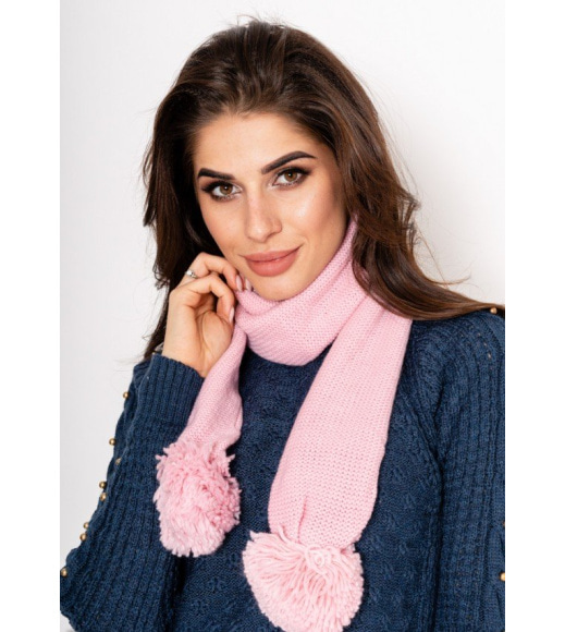 Рожевий в`язаний двошаровий шарф з великими помпонами