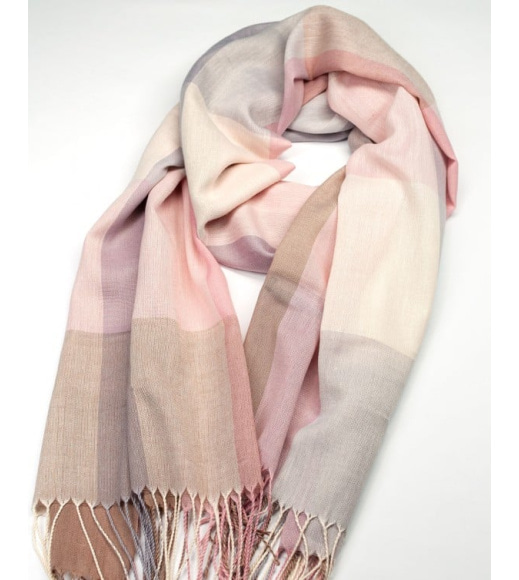 Розово-бежевый тонкий клетчатый шарф-палантин