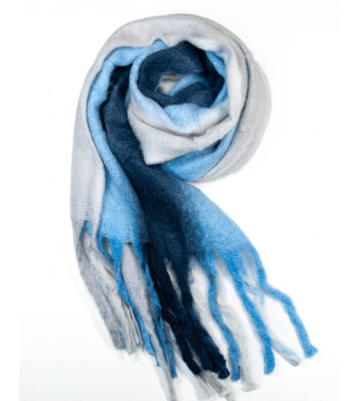 Вовняний синій смугастий шарф з бахромою