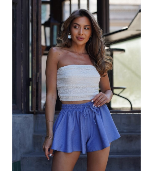 Льняные расклешенные шорты голубого цвета