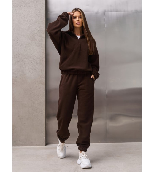 Темно-коричневый флисовый костюм с эластичными манжетами