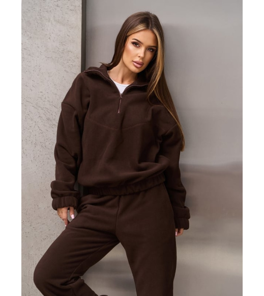 Темно-коричневый флисовый костюм с эластичными манжетами