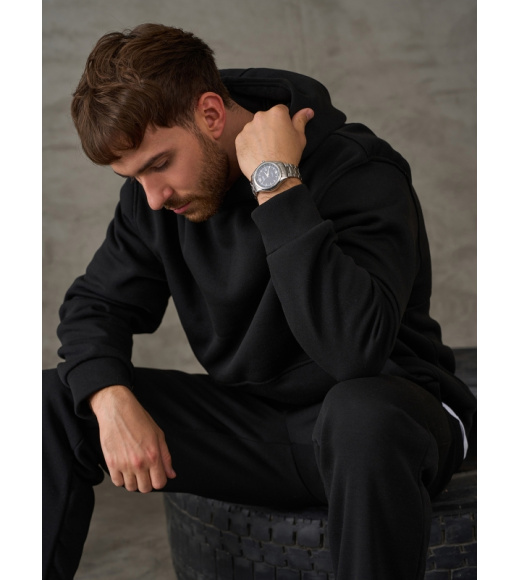 Черный утепленный костюм с худи