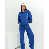 Синий свободный теплый костюм с карманом