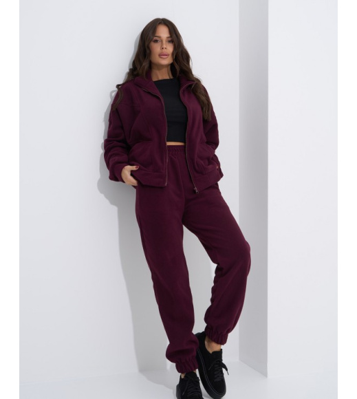 Темно-бордовый теплый костюм на молнии с брюками джоггерами
