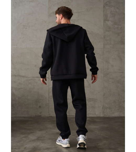 Черный утепленный костюм с худи на молнии