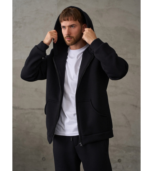 Черный утепленный костюм с худи на молнии