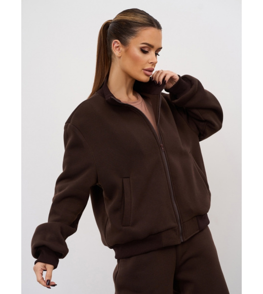 Теплый свободный костюм темно-коричневого цвета на молнии