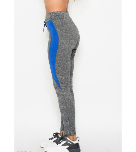 Меланжеві сірі еластичні спортивні штани з синіми вставками і еластичним поясом на шнурку